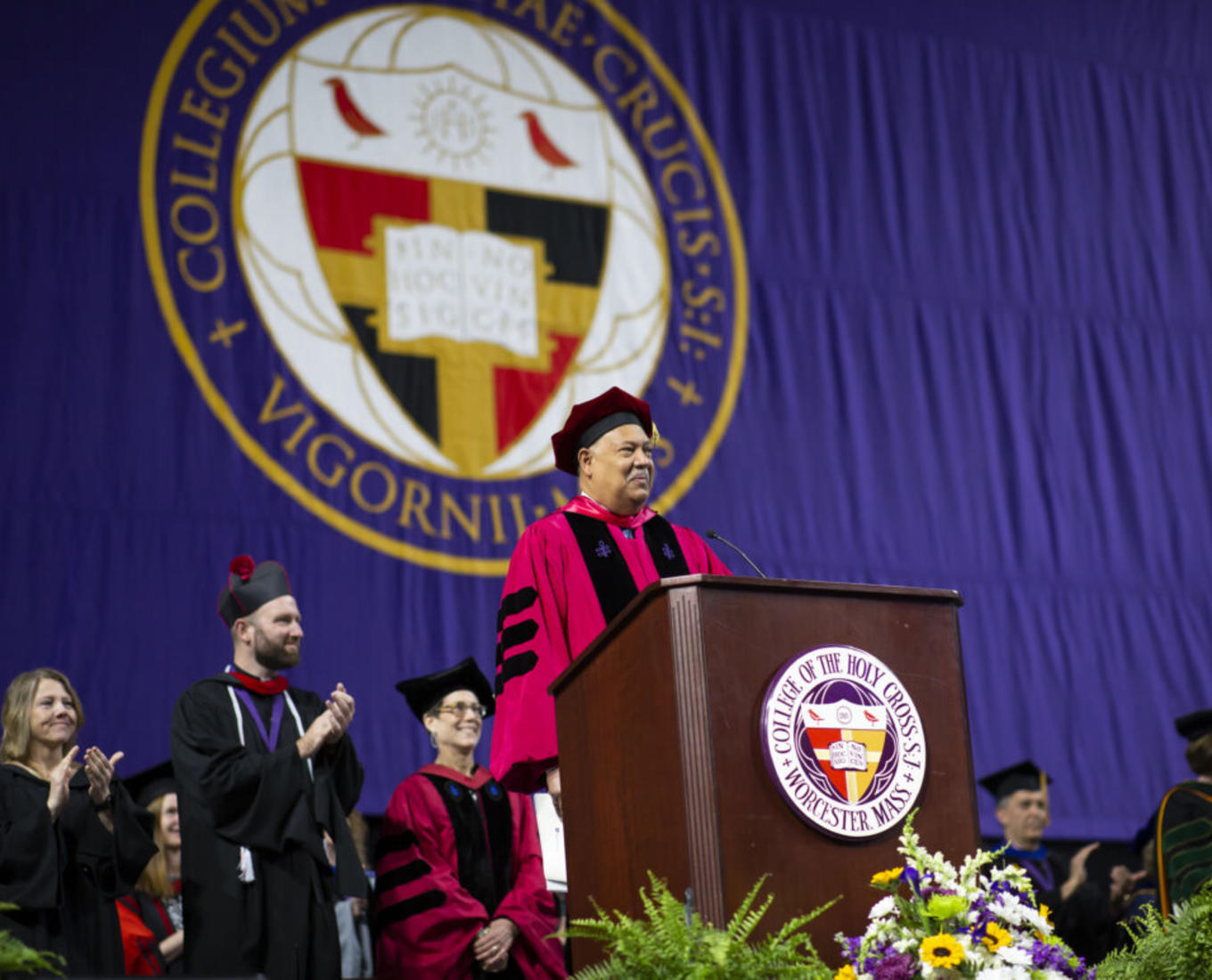 College of the Holy Cross President Vincent Rougeau greets attendees and graduates at the start of 2023 commencement exercises at the DCU Center on May 26, 2023 in Worcester, Massachusetts. (Photo by Michael Ivins/Holy Cross)