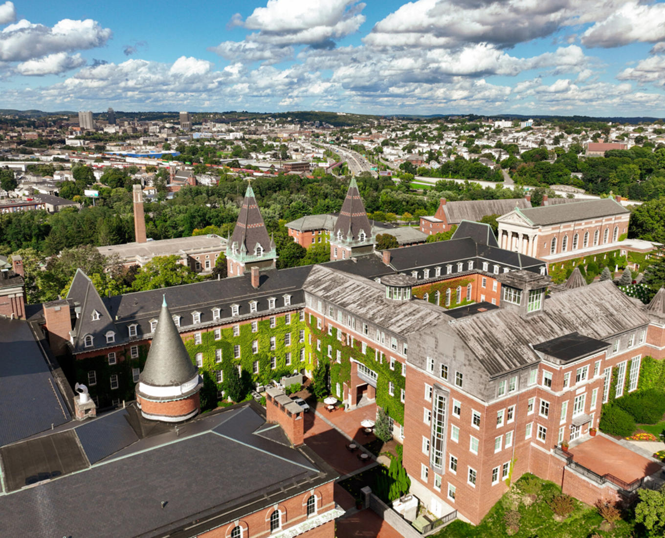 An aerial photo of a series of brick buildings