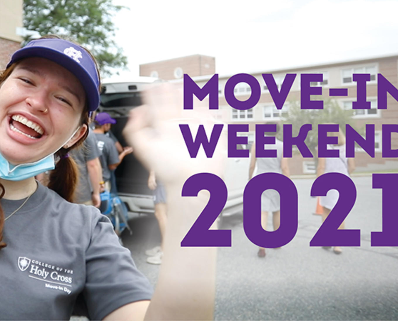 A girl waves next to the words "Move-In Weekend 2021"