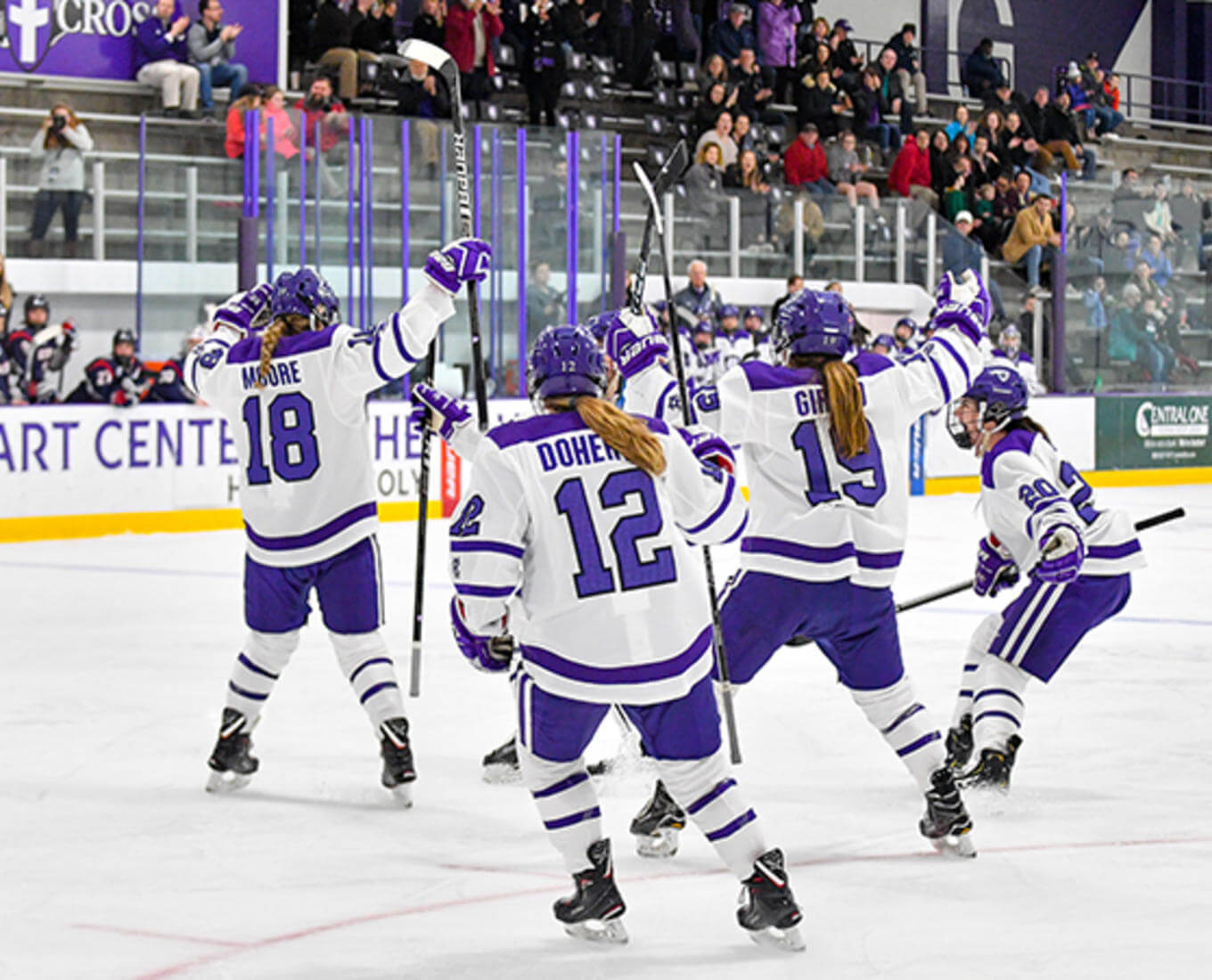 The Holy Cross women’s ice hockey team shown here during a home game. Photo by Mark Seliger Photography