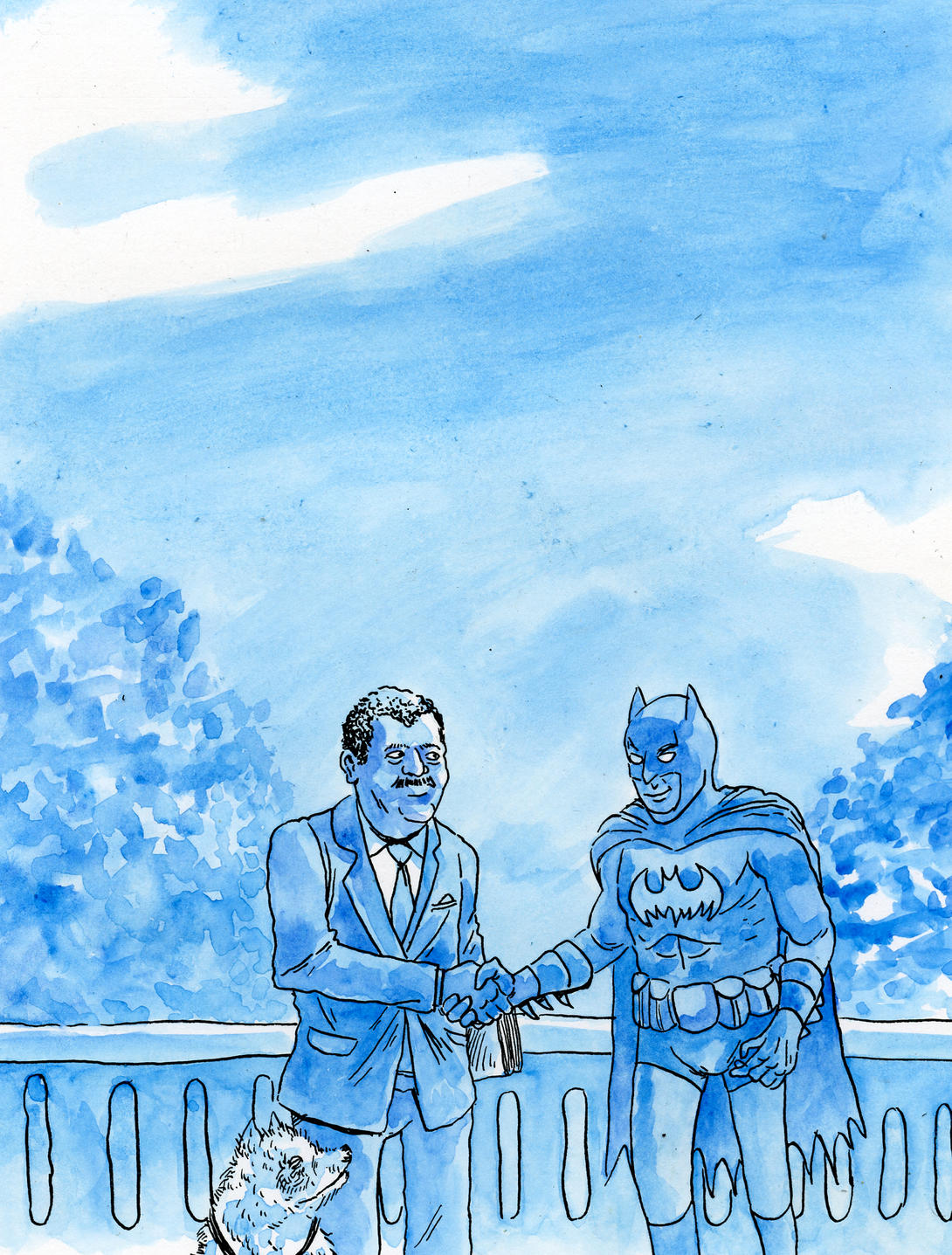 Illustration of Vince Rougeau shaking Batman's hand. A dog is sitting next to Vince