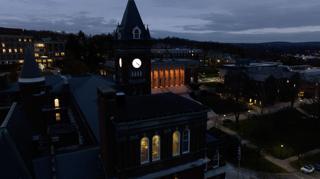 A brick building at dusk