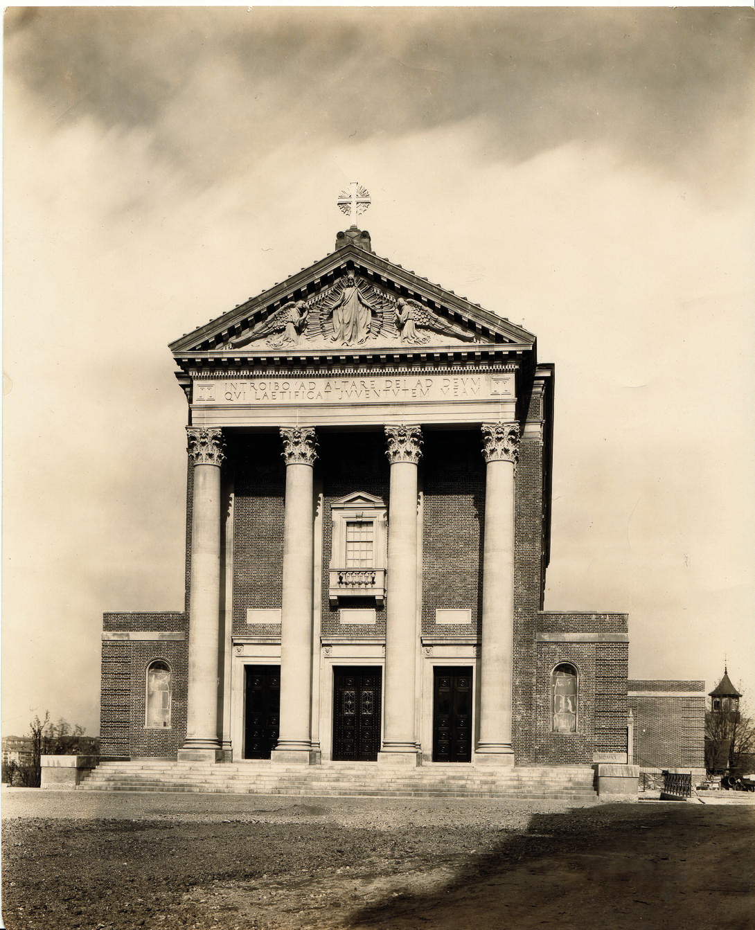 Black and white photo of church exterior