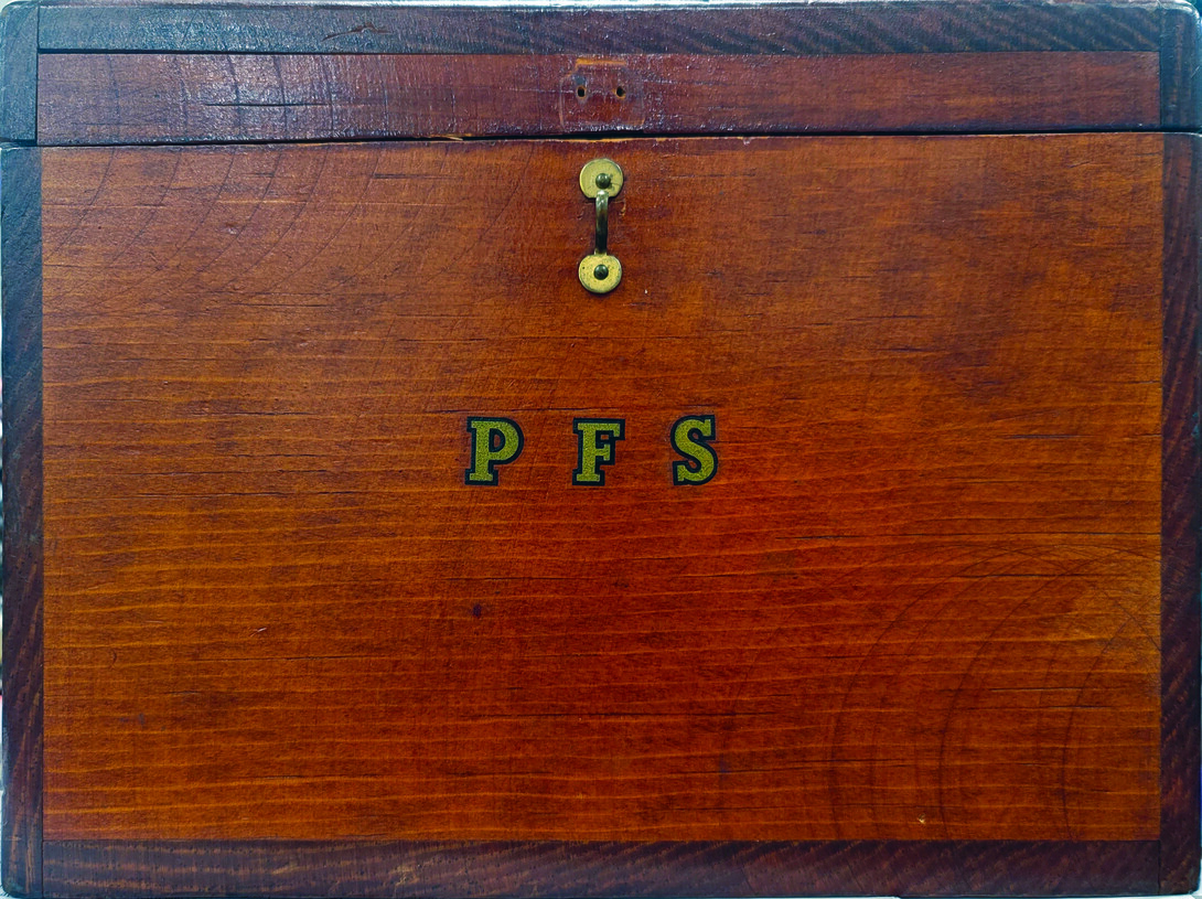 Wooden recipe box with initials "PFS"