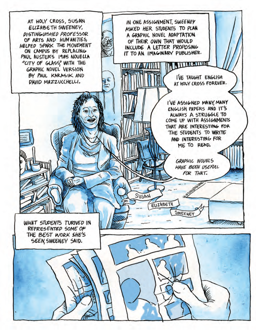 Professor Beth Sweeney illustrated in her office reading student comics